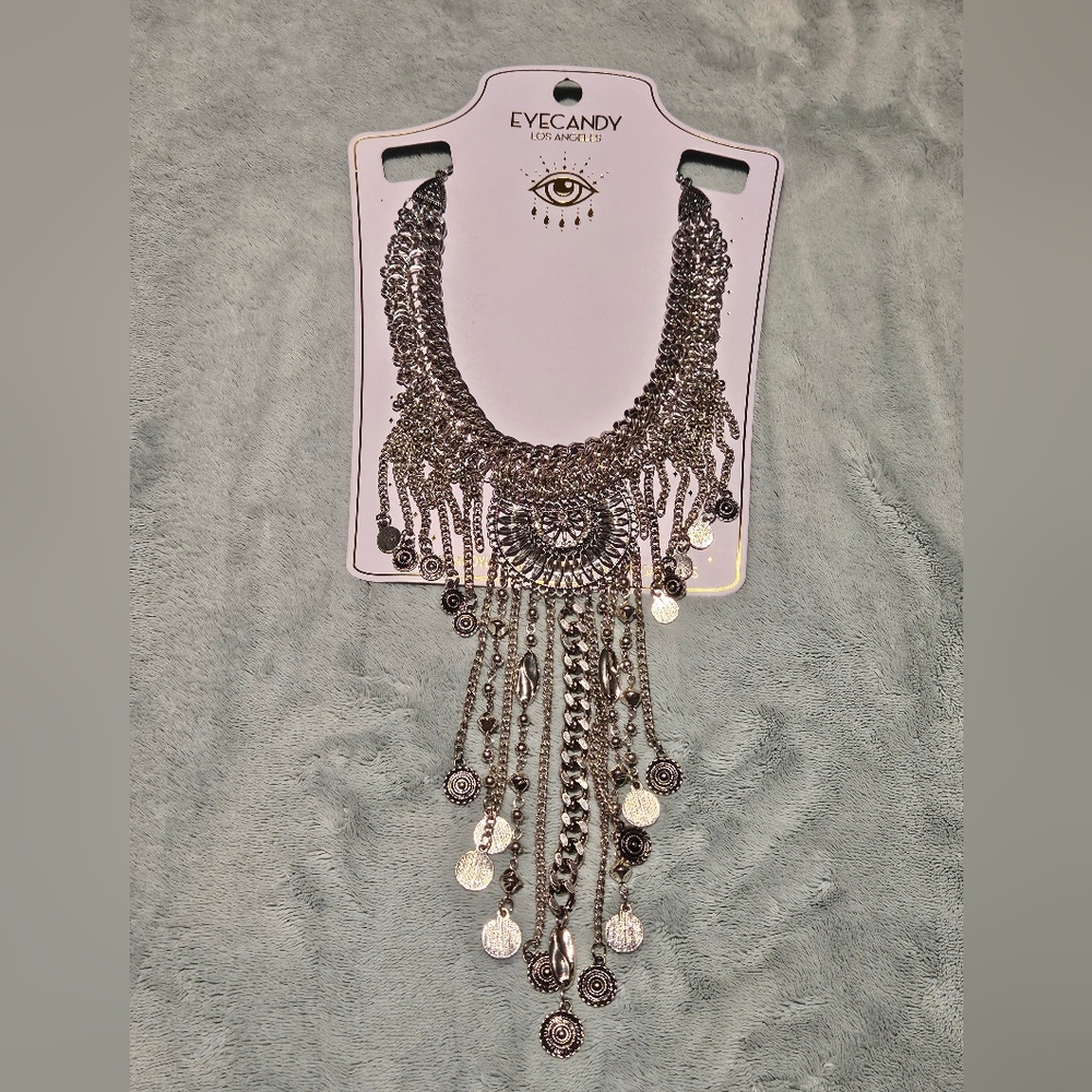 NWT Eye Candy Luna Coin Silver Necklace Bohemian Fringe Maximalism Eclectic - Picture 3 of 7